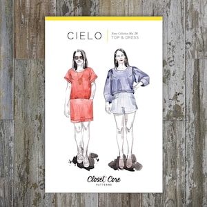 May include: A fashion illustration in watercolour style, featuring two figures. The text "CIELO" and "Top & Dress" are visible. The illustration is from the "Rome Collection No. 20" by Closet Core Patterns.