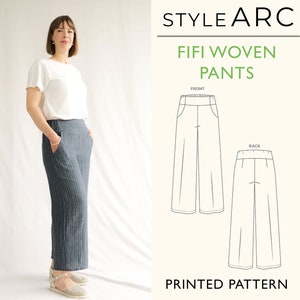 May include: A printed sewing pattern for Fifi Woven Pants. The pattern includes instructions for both the front and back of the pants. The pattern is available in a printed format.