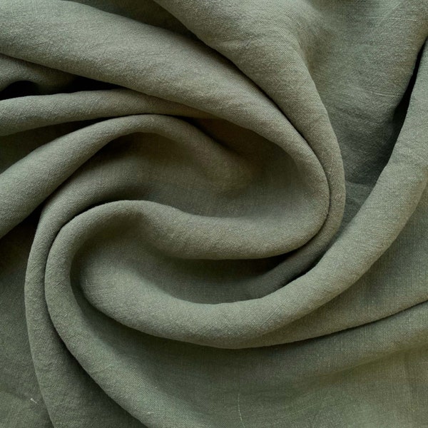 Soft-washed Lightweight Linen Fabric Fabric in Moss | Stonewashed european linen fabric by the yard for clothing