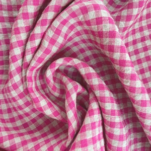 Linen Gingham Fabric in Electric Pink  | Stonewashed, European, non-GMO linen