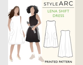 Lena Shift Dress Sewing Pattern by Style Arc, US Sizes 0-32, Sleeveless a-line shift sundress with boat neck and pockets, plus sizes inc.