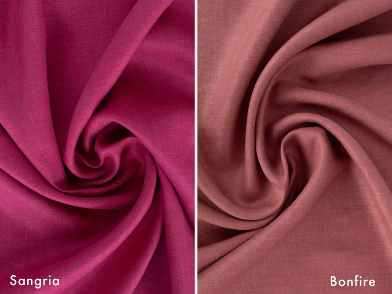 May include: Two swatches of fabric, one a deep magenta called "Sangria", the other a muted reddish-brown labeled "Bonfire". Both fabrics are tightly swirled, showcasing their texture and color variations. The fabric appears to be linen or a similar natural fiber.