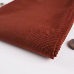 Può includere: Un primo piano di un tessuto in velluto a coste di colore ruggine. Il tessuto ha una texture morbida e vellutata e un sottile motivo a coste.