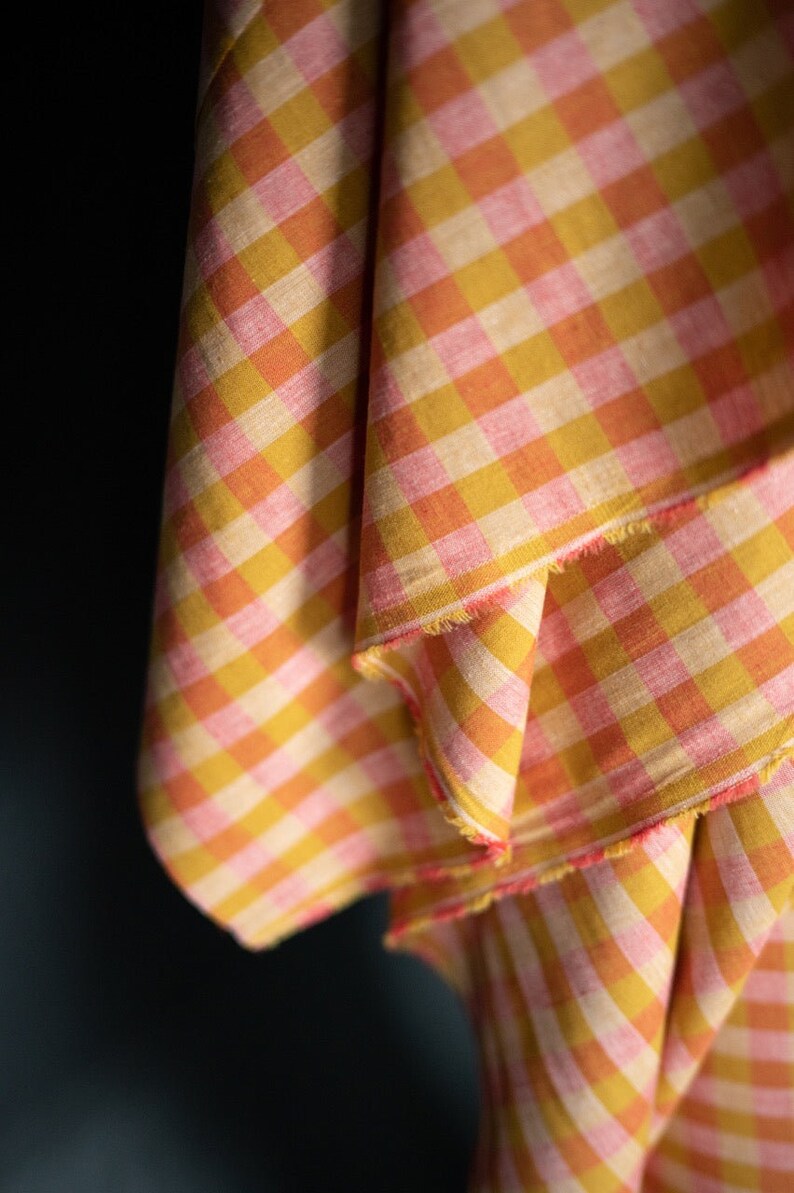 Premium Cotton Linen Gingham Fabric in Rhubarb & Custard Check Etsy