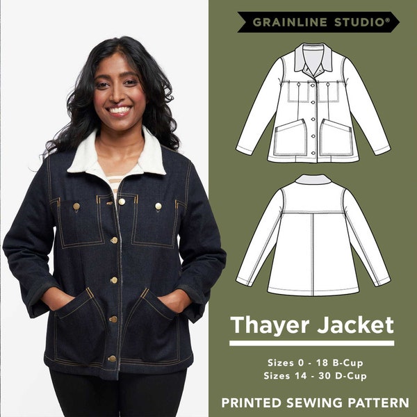 Thayer Jacket Sewing Pattern by Grainline Studios, Sizes 0-18 & Plus 14-30, Workwear-style, lined, collared button up jacket with pockets