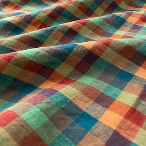 Laundered Linen Fabric in Golightly | Lightweight, yarn-dyed, multicolor check gingham in green, blue, orange & red