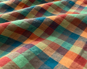 Laundered Linen Fabric in Golightly | Lightweight, yarn-dyed, multicolor check gingham in green, blue, orange & red