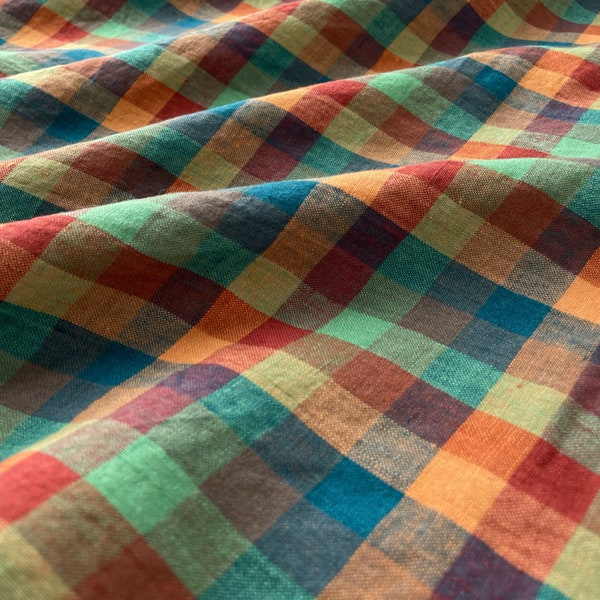 Laundered Linen Fabric in Golightly | Lightweight, yarn-dyed, multicolor check gingham in green, blue, orange & red