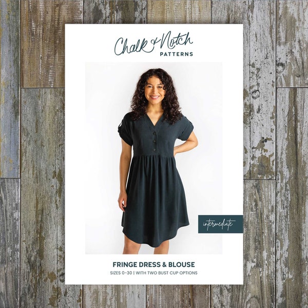 Fringe Top and Dress Sewing Pattern | Sz 0-30 | Chalk & Notch | Midi dress with curved hem, dolman sleeves, button up | Plus Sizes included