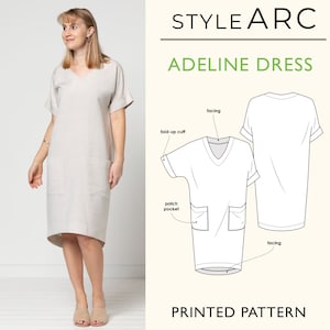 Puede incluir: Un patrón de costura imprimible para el vestido Adeline, un vestido holgado, de largo hasta la rodilla, con cuello en V, mangas cortas y bolsillos de parche. El patrón incluye instrucciones para un puño abatible y una pieza de refuerzo.