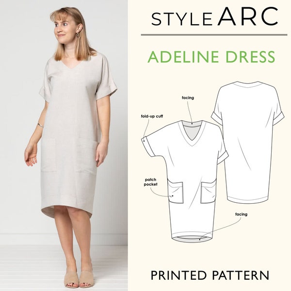 Adeline Designer Dress Sewing Pattern by Style Arc, US Sizes 0-26, Easy cocoon style dress with short sleeves, v neck & pockets, Plus Sizes