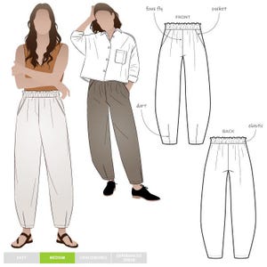 May include: Illustration of a woman wearing white pants with an elastic waistband and a woman wearing gray pants. The image also shows a front and back view of the pants design. The difficulty level is marked as medium.