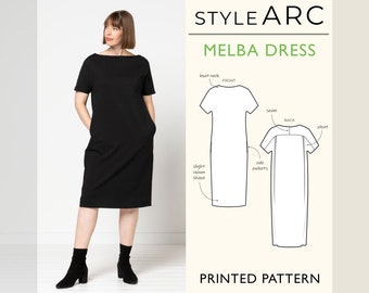 Melba Dress Sewing Pattern by Style Arc, US Sizes 0-18, Stylish cocoon dress with short sleeves and pockets