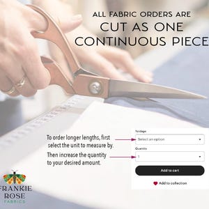 a pair of scissors cutting fabric, with text indicating that all fabric orders are cut as one continuous piece.