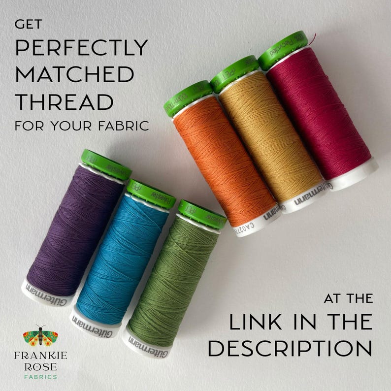 The image is an advertisement for fabric spools with the text "Get perfectly matched thread for your fabric" and "At the link in the description" displayed.