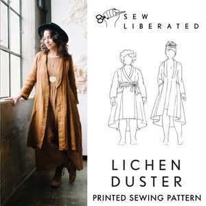 May include: A printed sewing pattern for a long, flowing duster called the Lichen Duster. The pattern is from Sew Liberated and features a line drawing of the duster on a white background.
