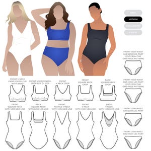 May include: A sewing pattern illustration featuring three figures in swimwear, including a white one-piece, a blue two-piece, and a black one-piece. The image includes technical line drawings of various necklines, leg cuts, and waist styles for swimsuits.