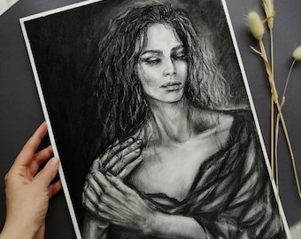 Touch of support, original charcoal drawing realistic woman portrait artwork gift