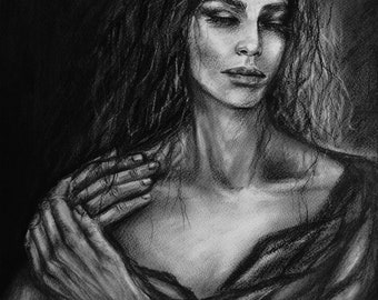 Touch of support, original charcoal drawing realistic woman portrait artwork gift