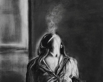 Exhalation Original woman charcoal drawing aesthetic wall art decor