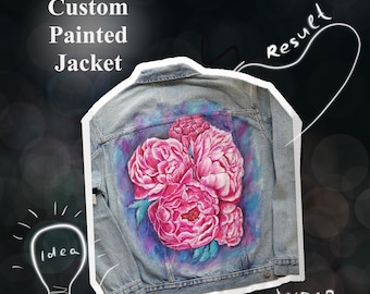 Chaqueta vaquera de peonía pintada a mano, arte floral personalizado para vestir, chaqueta hecha a medida