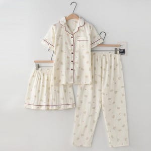 Chic Cartoon Dog Cotton Pajama Set for Women - 3 Piece Short Sleeve & Pants Loungewear