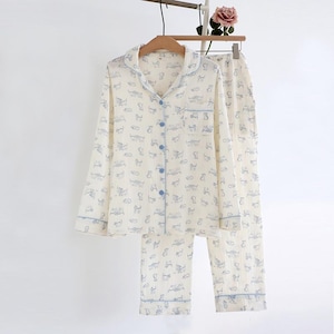 Blue Fantasy Cat Cotton Pajama Set for Women - Cozy Cartoon Style Loungewear