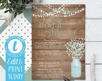 Baby's Breath Bridal Shower Invitation: Rustic Mason Jar (Digital Download)