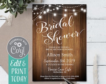 Rustic Wood Bridal Shower Invitation with String Lights (Digital Download)