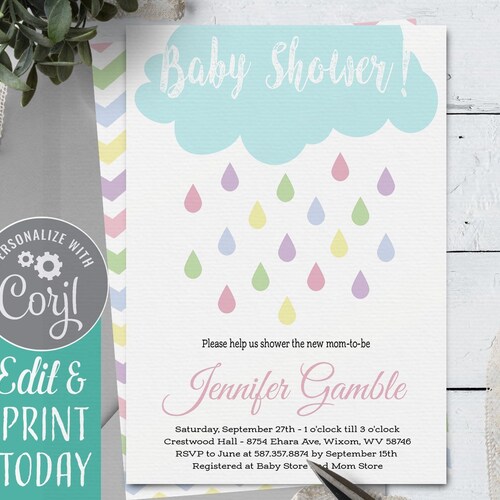 Editable Cloud Baby Shower Invitation Raindrop Shower With - Etsy