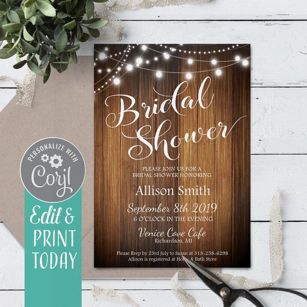 Rustic Bridal Shower Invitation Instant Download, Wood Country Bridal Shower Invitation, Template Printable Wedding Shower Invite Digital
