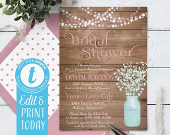 Rustic Bridal Shower Invitation: Baby's Breath Mason Jar (Digital Download)