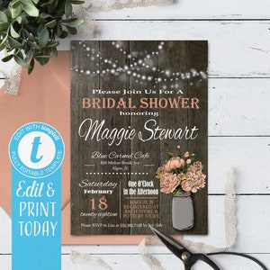 Instant Download Bridal Shower Invitation, Rustic Wedding Shower Invite, Printable Peach Peonies, Digital Floral Country Bridal Invitation
