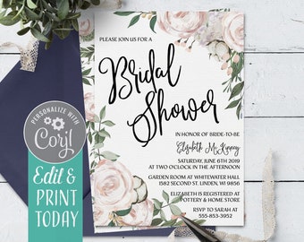Floral Bridal Shower Invitation: Watercolor Roses (Digital Download)