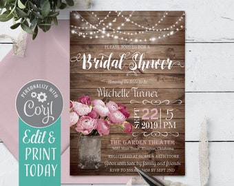 Rustic Bridal Shower Invitation Instant Download, Country Bridal Shower Invitation Template, Printable Floral Wedding Shower Invite Digital