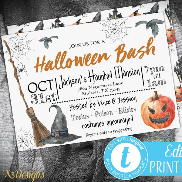 Halloween Invitation Instant Download, Printable Halloween Party Invitation Watercolor, Halloween Invitation for Adults, Digital Download