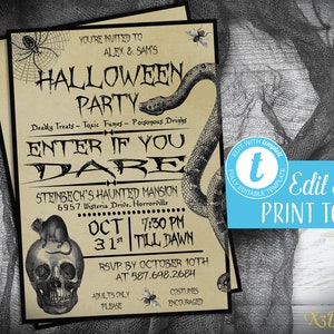 Halloween Invitation Instant Download, Halloween Party Invitation, Halloween Snake Skull Invitation Adult, Digital Download