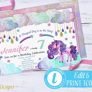 Unicorn Invitation Instant Download, Unicorn Birthday Invitation, Girls Birthday Party Invite Printable Digital Download, Editable Template