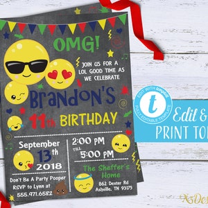 Emoji Invitation Instant Download, Kids Emoji Birthday Invitation, Digital Boy Emoji Party Invite Printable, Editable Template