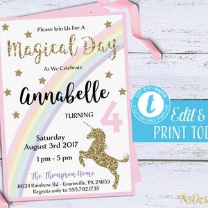 Unicorn Invitation Instant Download, Printable Unicorn Birthday Invitation, Girls Birthday, Editable Unicorn Party Invite Digital