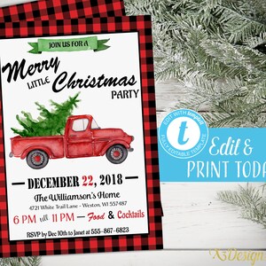 Christmas Invitation Instant Download, Printable Buffalo Plaid Christmas Invitation, Red Truck Flannel Holiday Party Invite Digital Download
