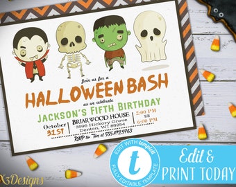 Kids Halloween Birthday Invitation Instant Download, Halloween Birthday Invitation, Printable Halloween Party Invitation, Digital Download