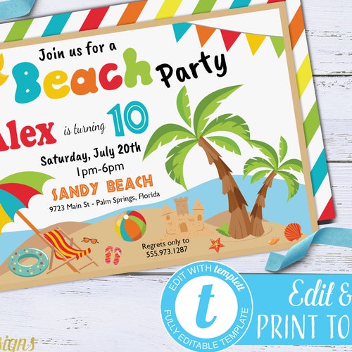 Beach Party Invitation Editable Girl Summer Birthday Invite Etsy