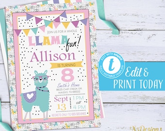 Llama Birthday Invitation Template: Editable Kids Party Invite (Digital Download)