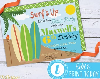 Surfing Invitation, Beach Birthday Invitation Instant Download, Printable Summer Surfs Up Beach Birthday Party, Digital Boys Invite