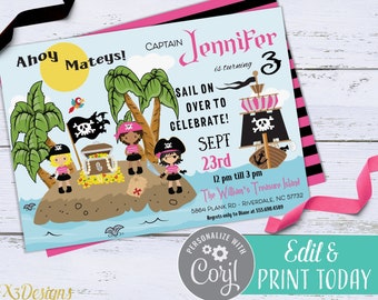 Pirate Birthday invitation Instant Download, Girl Pirate Invitation Digital Download, Kids Birthday Party Invite Printable, Pirate Party