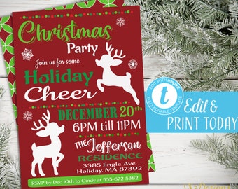 Christmas Reindeer Invitation Instant Download, Printable Vintage Themed Christmas Invitation, Cute Holiday Party Invitation, Digital