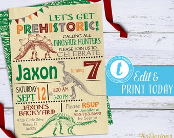 Dinosaur Invitation Instant Download, Printable Dinosaur Birthday Invitations, Boy Dino Birthday Party Invites Digital Editable Template