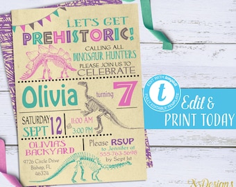 Dinosaur Invitation Instant Download, Printable Dinosaur Birthday Invitations, Girl Dino Birthday Party Invites Digital Editable Template