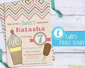 Ice Cream Invitation, Printable Ice Cream Birthday Invitation Instant Download, Kids Summer Ice cream Party Invite Editable Template